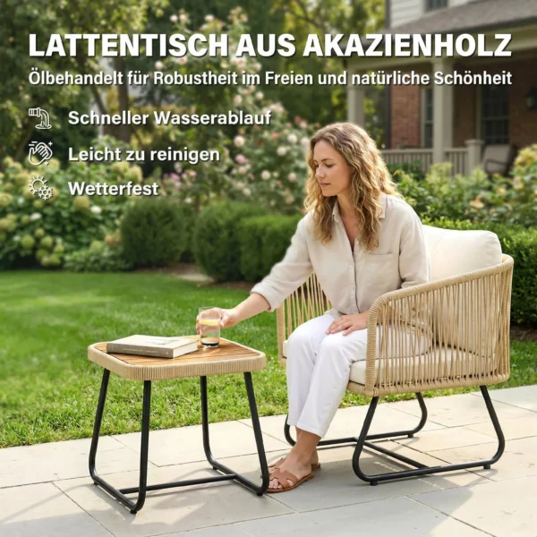 Rattan Bistroset 3 delige FSC Tuinmeubelset Met 2 Stoelen, Lamellen Houten Tafel, Dikke Wasbare Kussens Stalen Frame