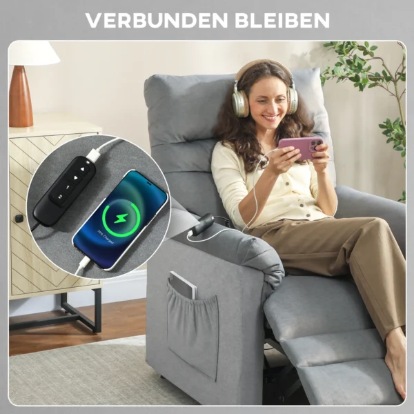 Relaxfauteuil, TV fauteuil Met Ligfunctie, Lendenverwarming, 2 Afstandsbedieningen, USB aansluiting, Stille Motor, Grijs