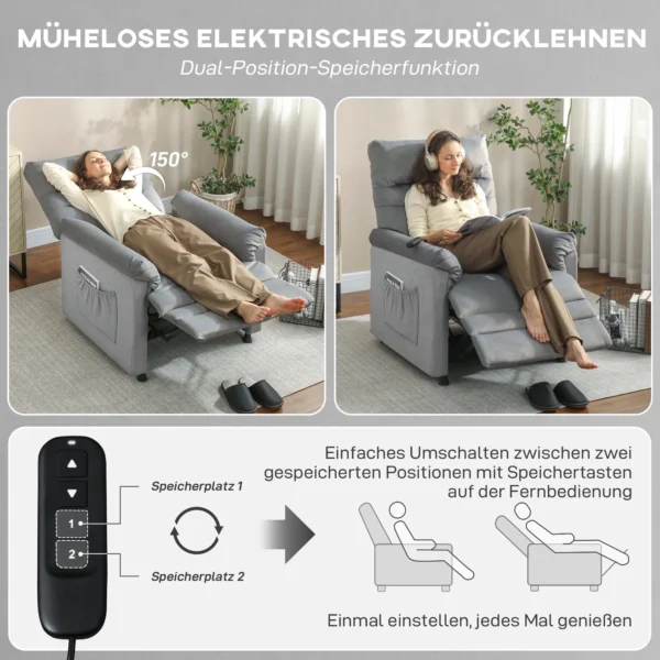 Relaxfauteuil, TV fauteuil Met Ligfunctie, Lendenverwarming, 2 Afstandsbedieningen, USB aansluiting, Stille Motor, Grijs