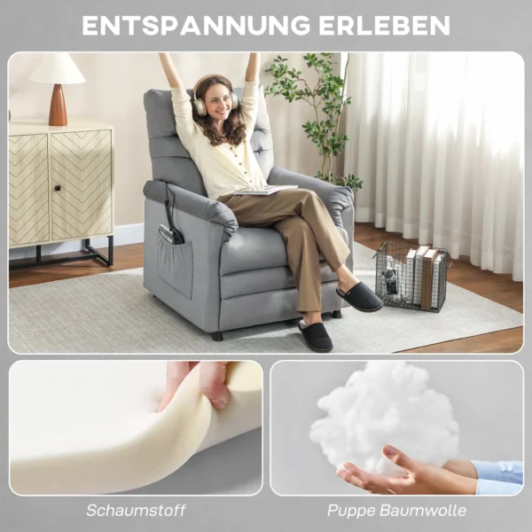 Relaxfauteuil, TV fauteuil Met Ligfunctie, Lendenverwarming, 2 Afstandsbedieningen, USB aansluiting, Stille Motor, Grijs