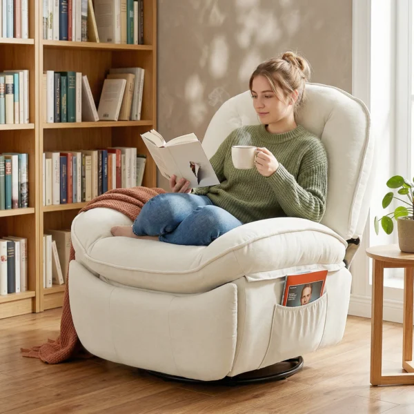 Relaxstoel, Draaibare Schommel En Ligstoel Met Diepe Zitting, Dik Rugkussen, Eenvoudige Montage, Crème