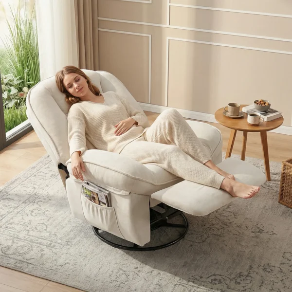 Relaxstoel, Draaibare Schommel En Ligstoel Met Diepe Zitting, Dik Rugkussen, Eenvoudige Montage, Crème