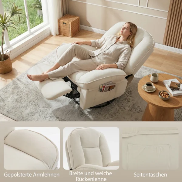 Relaxstoel, Draaibare Schommel En Ligstoel Met Diepe Zitting, Dik Rugkussen, Eenvoudige Montage, Crème