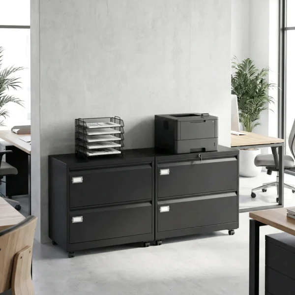 Rolcontainer Met 2 Afsluitbare Laden, Archiefkast Met Verstelbare Hangmappen 90 X 40 X 77,4 Cm Zwart