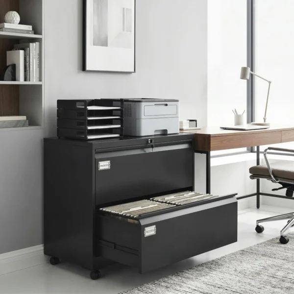Rolcontainer Met 2 Afsluitbare Laden, Archiefkast Met Verstelbare Hangmappen 90 X 40 X 77,4 Cm Zwart