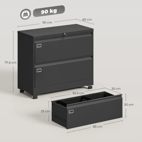 Rolcontainer Met 2 Afsluitbare Laden, Archiefkast Met Verstelbare Hangmappen 90 X 40 X 77,4 Cm Zwart