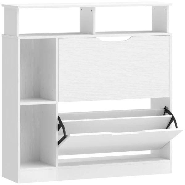 Schoenenkast Met 2 Kleppen, Schoenentipper Met Verstelbare Scheidingswand, Open Vak Voor 12 Paar Schoenen 89 X 25 X 92 Cm Wit