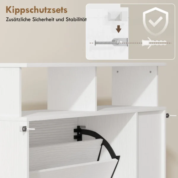 Schoenenkast Met 2 Kleppen, Schoenentipper Met Verstelbare Scheidingswand, Open Vak Voor 12 Paar Schoenen 89 X 25 X 92 Cm Wit