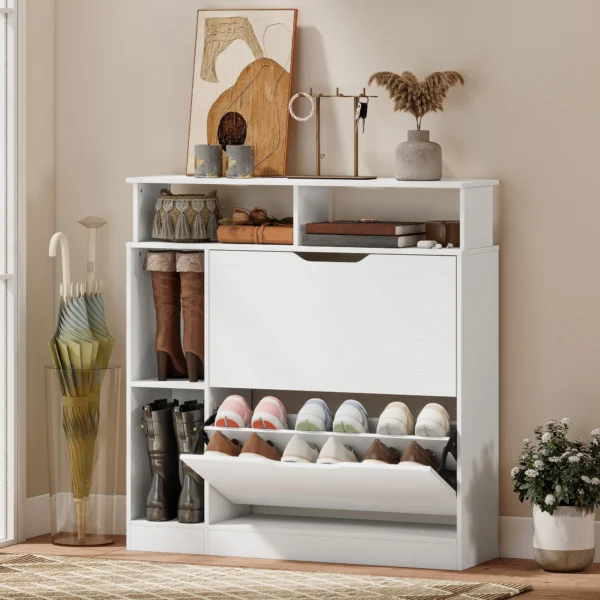 Schoenenkast Met 2 Kleppen, Schoenentipper Met Verstelbare Scheidingswand, Open Vak Voor 12 Paar Schoenen 89 X 25 X 92 Cm Wit