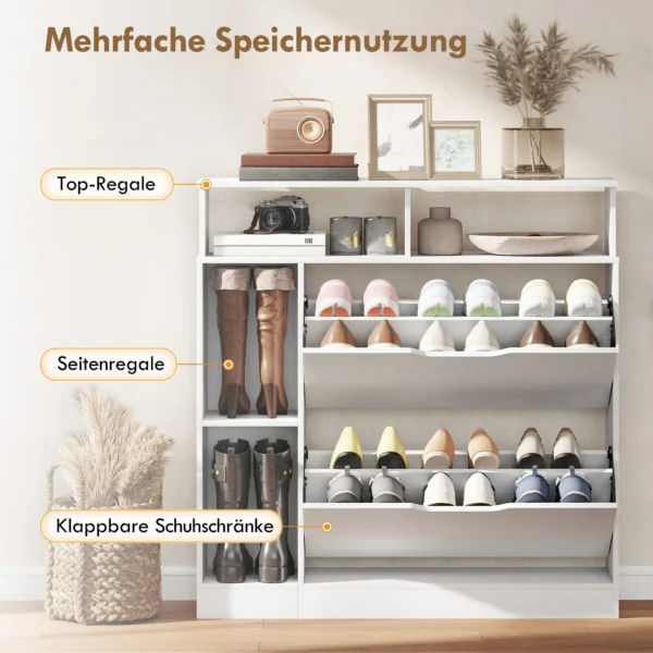 Schoenenkast Met 2 Kleppen, Schoenentipper Met Verstelbare Scheidingswand, Open Vak Voor 12 Paar Schoenen 89 X 25 X 92 Cm Wit