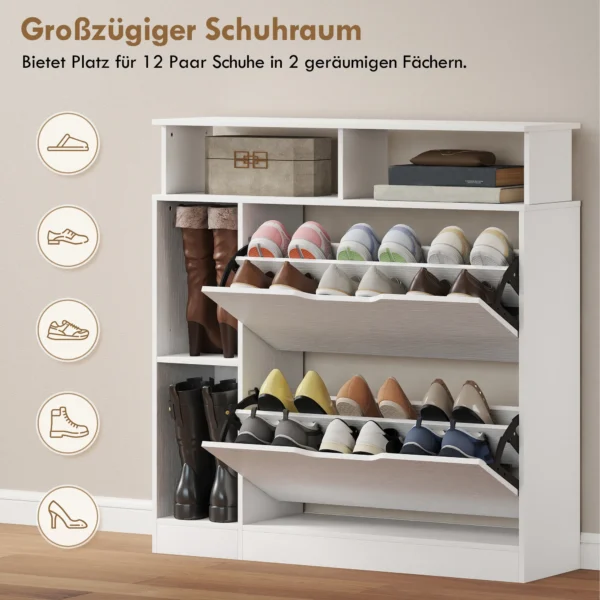 Schoenenkast Met 2 Kleppen, Schoenentipper Met Verstelbare Scheidingswand, Open Vak Voor 12 Paar Schoenen 89 X 25 X 92 Cm Wit
