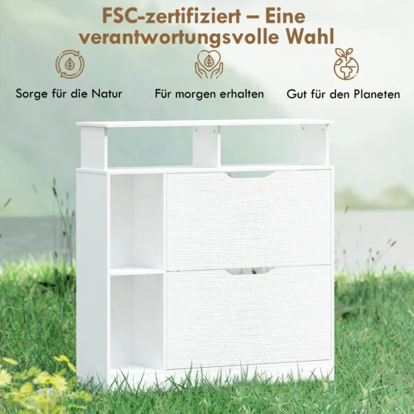 Schoenenkast Met 2 Kleppen, Schoenentipper Met Verstelbare Scheidingswand, Open Vak Voor 12 Paar Schoenen 89 X 25 X 92 Cm Wit