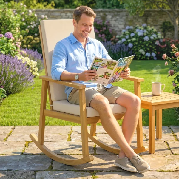 Schommelstoel Van Acaciahout Met Hoge Rugleuning Kussen Tot 160 Kg 60 X 89 X 107 Cm Beige