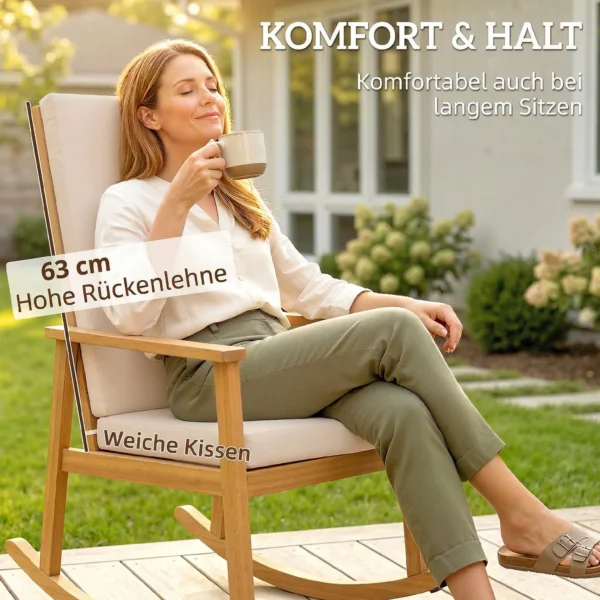 Schommelstoel Van Acaciahout Met Hoge Rugleuning Kussen Tot 160 Kg 60 X 89 X 107 Cm Beige