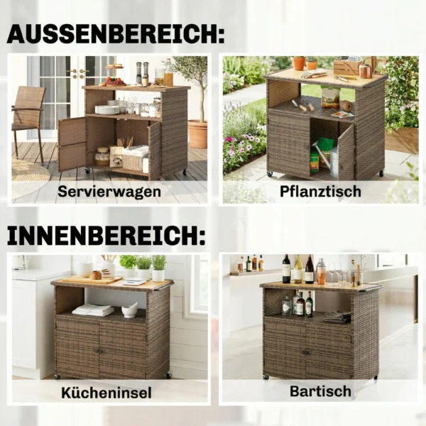 Serveerwagen Rattan Keukenwagen Met FSC Eucalyptushout Werkblad Opslagvak Rollen Zijhandvat 95 X 54 X 84 Cm