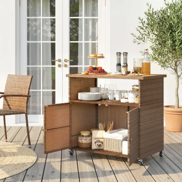 Serveerwagen Rattan Keukenwagen Met FSC Eucalyptushout Werkblad Opslagvak Rollen Zijhandvat 95 X 54 X 84 Cm