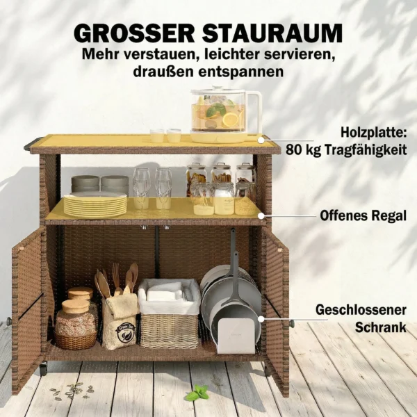 Serveerwagen Rattan Keukenwagen Met FSC Eucalyptushout Werkblad Opslagvak Rollen Zijhandvat 95 X 54 X 84 Cm