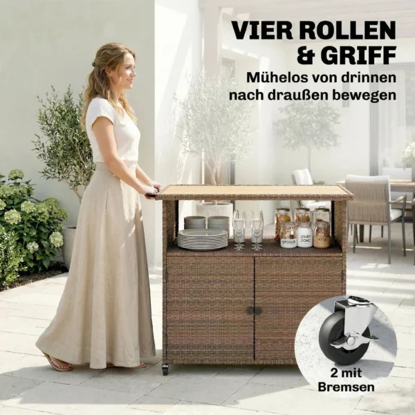 Serveerwagen Rattan Keukenwagen Met FSC Eucalyptushout Werkblad Opslagvak Rollen Zijhandvat 95 X 54 X 84 Cm