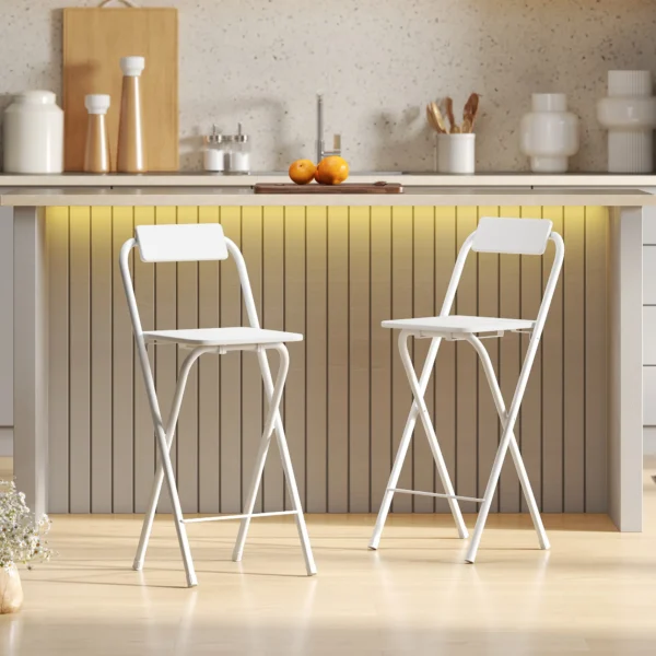 Set Van 2 Barkrukken, Opvouwbare Barstoel Met Stalen Frame, Rugleuning, Voetensteun Toonbankkruk Voor Keuken 37 X 45 X 87 Cm Wit