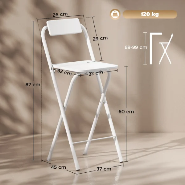 Set Van 2 Barkrukken, Opvouwbare Barstoel Met Stalen Frame, Rugleuning, Voetensteun Toonbankkruk Voor Keuken 37 X 45 X 87 Cm Wit