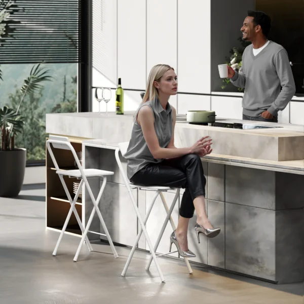 Set Van 2 Barkrukken, Opvouwbare Barstoel Met Stalen Frame, Rugleuning, Voetensteun Toonbankkruk Voor Keuken 37 X 45 X 87 Cm Wit