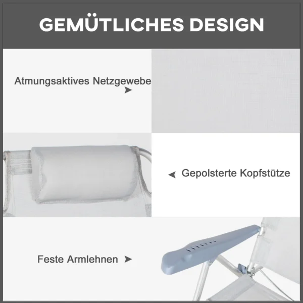 Set Van 2 Opvouwbare Campingstoelen Met 6 voudig Verstelbare Netrugleuning En Hoofdsteun 62 X 65 X 80 Cm Lichtgrijs