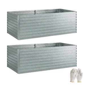 Set Van 2 Verzinkte Verhoogde Bedden, 180 X 90 X 60 Cm Metalen Verhoogde Bedden Met Veilige Rand, Zilver