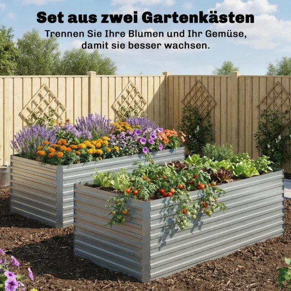 Set Van 2 Verzinkte Verhoogde Bedden, 180 X 90 X 60 Cm Metalen Verhoogde Bedden Met Veilige Rand, Zilver