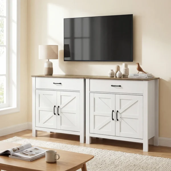 Sideboard Buffetkast, Boerderij Keukenkast Met Schuifdeuren En Verstelbaar Rek, Wit