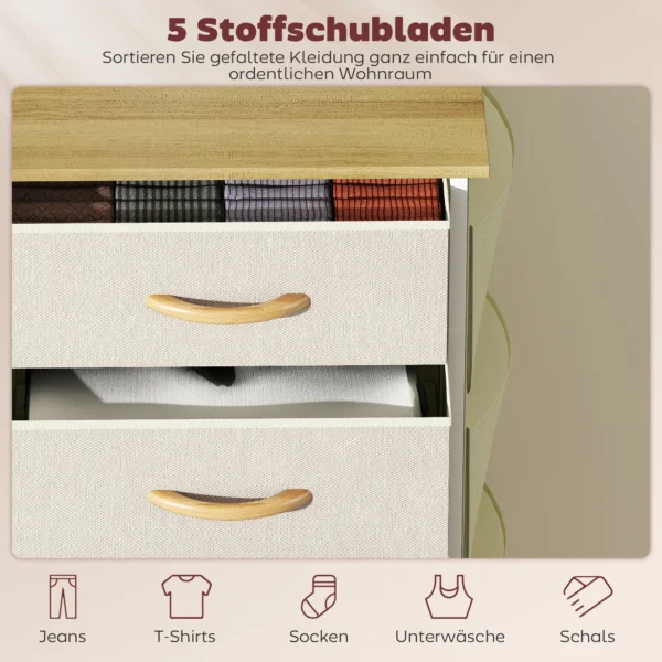 Slaapkamerkast Met 5 Stoffen Lades, Stalen Staven, Houten Oppervlak, 4 Opbergtassen, 2 Haken, Beige