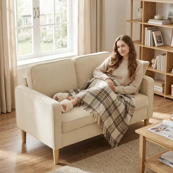 Sofa 2 zits Bank Met 2 Sierkussens, Opbergruimte Massief Houten Poten Kleine Moderne Loveseat Corduroy 117 X 63 X 79 Cm Beige