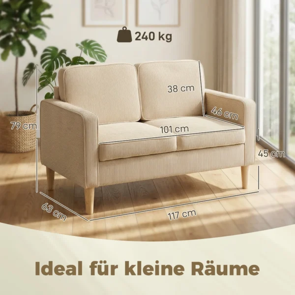 Sofa 2 zits Bank Met 2 Sierkussens, Opbergruimte Massief Houten Poten Kleine Moderne Loveseat Corduroy 117 X 63 X 79 Cm Beige