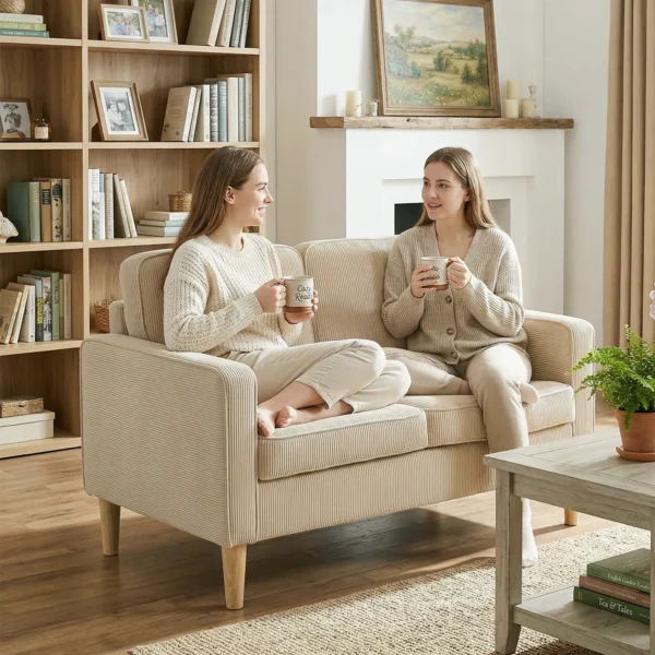 Sofa 2 zits Bank Met 2 Sierkussens, Opbergruimte Massief Houten Poten Kleine Moderne Loveseat Corduroy 117 X 63 X 79 Cm Beige