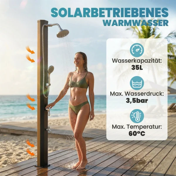 Solardouche 35L Tuindouche Met Vorstbescherming, Draaibare Regendouchekop, Waterkraan, Tuinslangaansluiting
