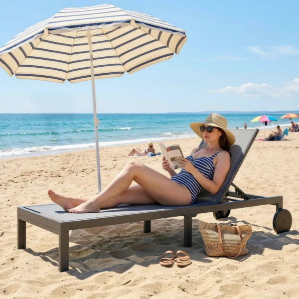 Sonnenliege Ademende Tuinligstoel Met 6 voudig Verstelbare Rugleuning Wielen Aluminium Frame