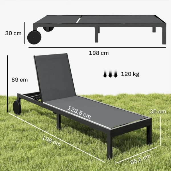 Sonnenliege Ademende Tuinligstoel Met 6 voudig Verstelbare Rugleuning Wielen Aluminium Frame