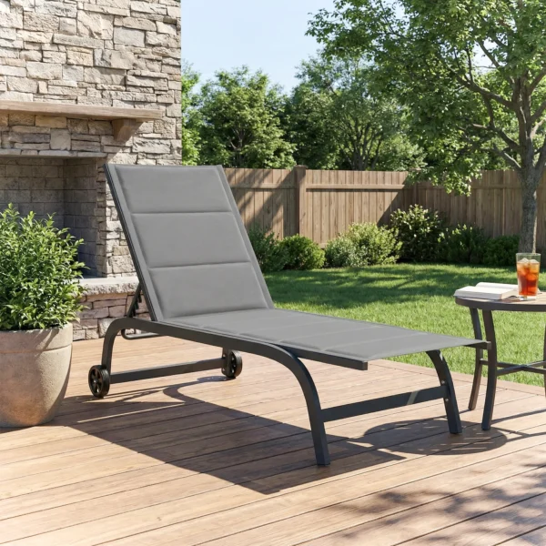 Sonnenliege Ademende Tuinligstoel Met 6 voudig Verstelbare Rugleuning Wielen Aluminium Frame Donkergrijs