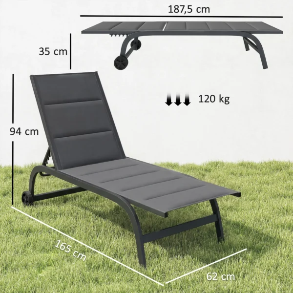 Sonnenliege Ademende Tuinligstoel Met 6 voudig Verstelbare Rugleuning Wielen Aluminium Frame Donkergrijs