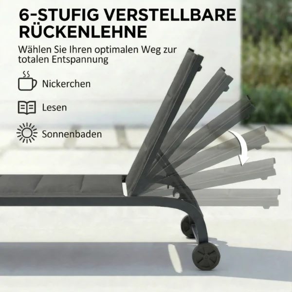 Sonnenliege Ademende Tuinligstoel Met 6 voudig Verstelbare Rugleuning Wielen Aluminium Frame Donkergrijs