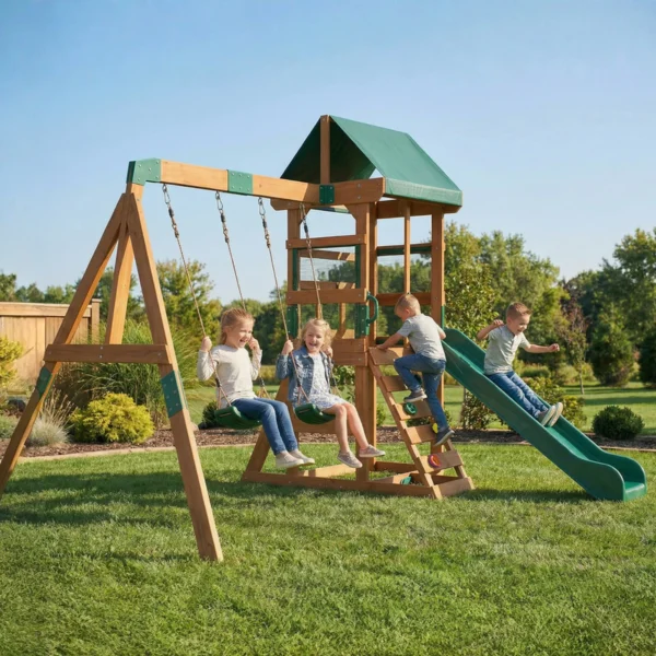 Speeltoren Klimrek Hout Schommelrek Met Glijbaan 2 Schommels Klimwand Voor 3 8 Jaar 315x284x233 Cm Groen