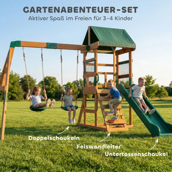 Speeltoren Klimrek Hout Schommelrek Met Glijbaan 2 Schommels Klimwand Voor 3 8 Jaar 315x284x233 Cm Groen