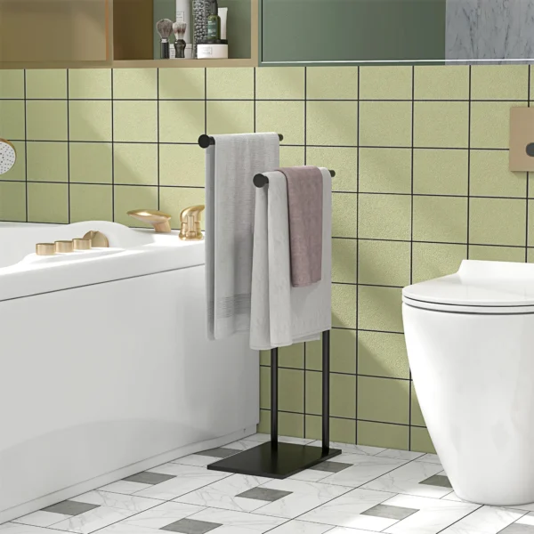 Staande Handdoekhouder Met 2 Stangen Voor Badkamer, Zwarte Badhanddoeken 35,5 X 20 X 78 Cm