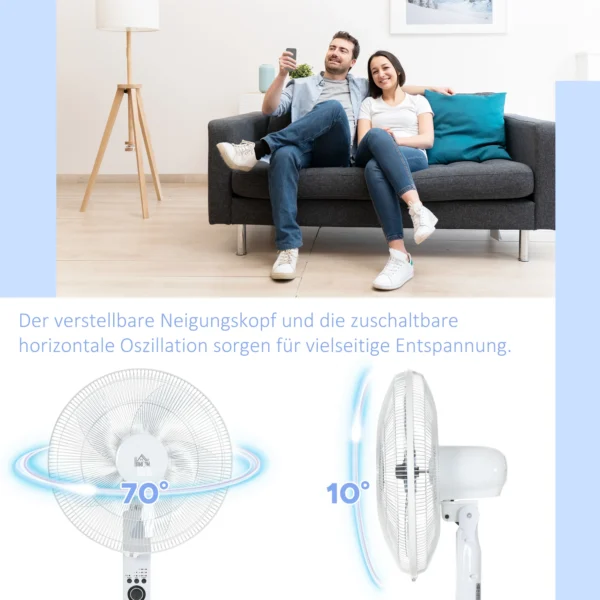 Staande Ventilator Met Afstandsbediening, In Hoogte Verstelbaar, 3 Snelheidsniveaus, Metaal, Wit, Ø44,5 X H110 124 Cm