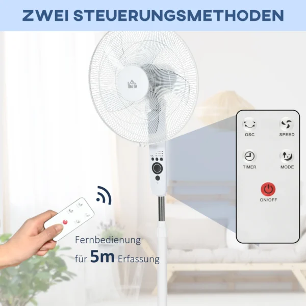 Staande Ventilator Met Afstandsbediening, In Hoogte Verstelbaar, 3 Snelheidsniveaus, Metaal, Wit, Ø44,5 X H110 124 Cm