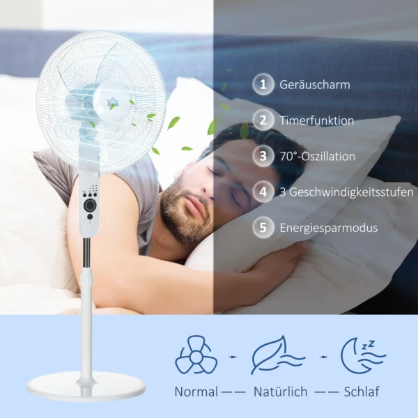 Staande Ventilator Met Afstandsbediening, In Hoogte Verstelbaar, 3 Snelheidsniveaus, Metaal, Wit, Ø44,5 X H110 124 Cm