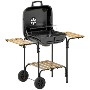 Stalen Houtskoolgrill Met Afsluitbare Deksel, Grillrooster, Wielen, Handvat, Houten Plank 98 X 54 X 91 Cm Zwart