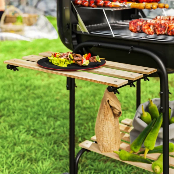 Stalen Houtskoolgrill Met Afsluitbare Deksel, Grillrooster, Wielen, Handvat, Houten Plank 98 X 54 X 91 Cm Zwart