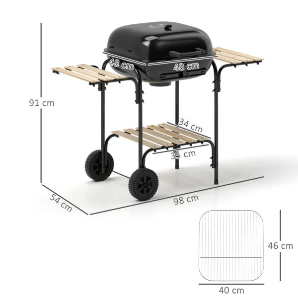 Stalen Houtskoolgrill Met Afsluitbare Deksel, Grillrooster, Wielen, Handvat, Houten Plank 98 X 54 X 91 Cm Zwart