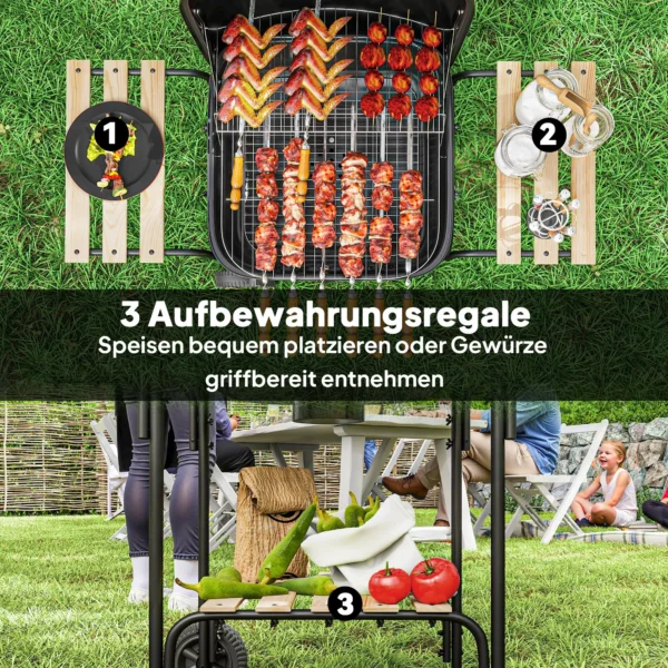Stalen Houtskoolgrill Met Afsluitbare Deksel, Grillrooster, Wielen, Handvat, Houten Plank 98 X 54 X 91 Cm Zwart