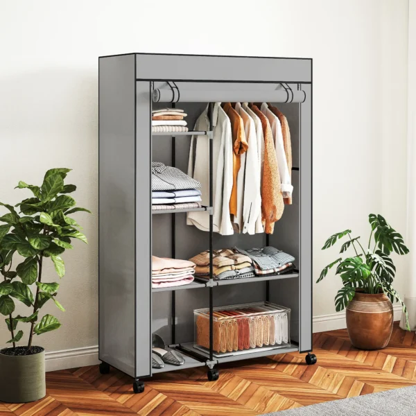 Stoffen Kast, Opbergoplossing, 6 Planken, 1 Kledingstang, Lichtgrijs